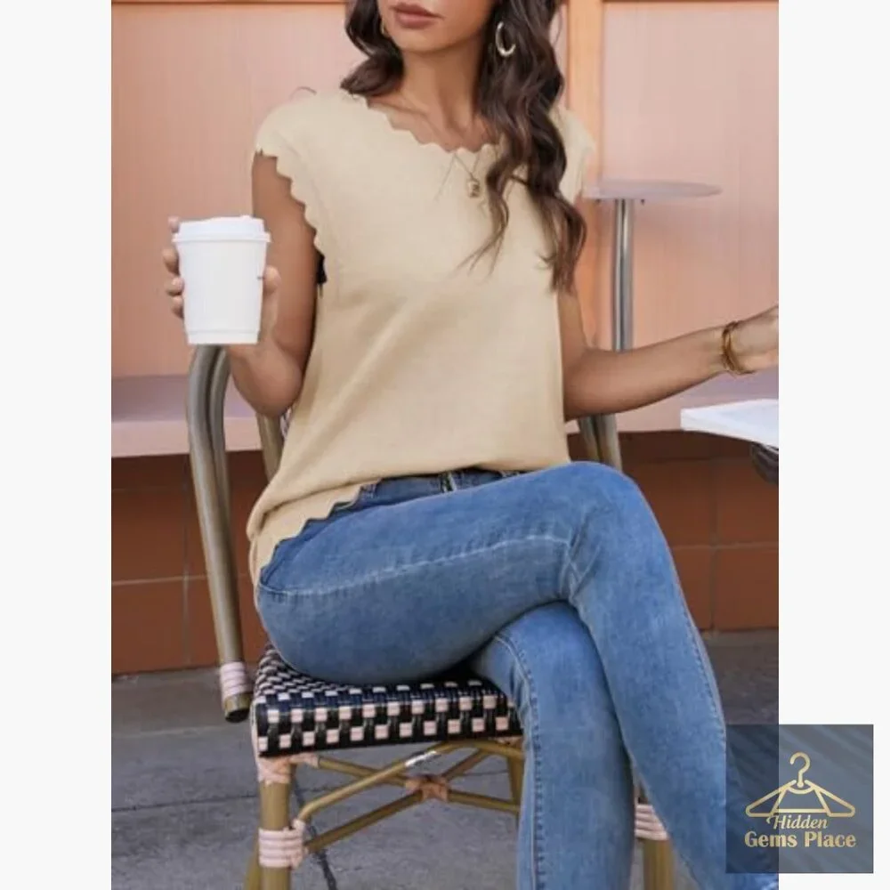Soft Knit Sweater Vest Tank Top with Scallop Trim Loose Fit
